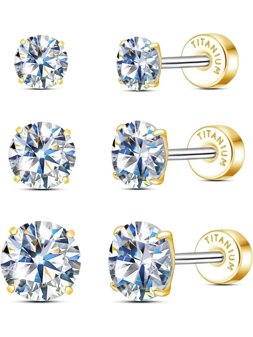 Elegant Moissanite Stud Earrings - 3 Pairs Titanium Screw Back Jewelry Set